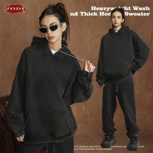 ZODF Winter Autum Men's Washed 400gsm Fleece Hoodies Unisex Couple Retro Oversized Ripped Hooded Sweatshirts Pullovers HY0652 - Image 3