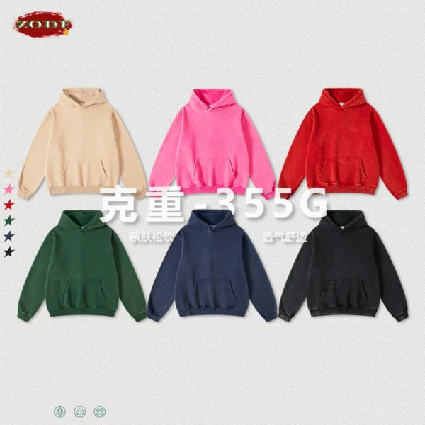 ZODF Winter Autum Men's Washed 400gsm Fleece Hoodies Unisex Couple Retro Oversized Ripped Hooded Sweatshirts Pullovers HY0652 - Image 5