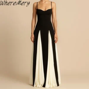 WhereMery Summer Elegant Female Vestidos Black White Patchwork Hem Maxi Dress Women Sexy Sleeveless Bodycon Sling Party Dresses