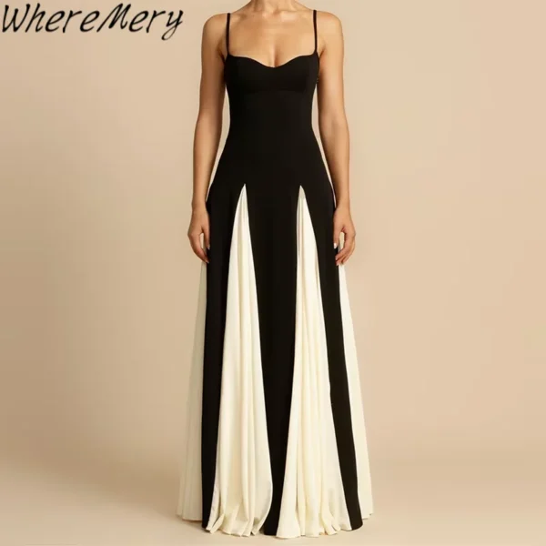 WhereMery Summer Elegant Female Vestidos Black White Patchwork Hem Maxi Dress Women Sexy Sleeveless Bodycon Sling Party Dresses