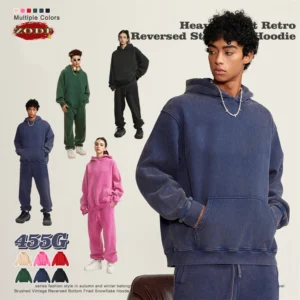 ZODF Winter Autum Men's Washed 400gsm Fleece Hoodies Unisex Couple Retro Oversized Ripped Hooded Sweatshirts Pullovers HY0652