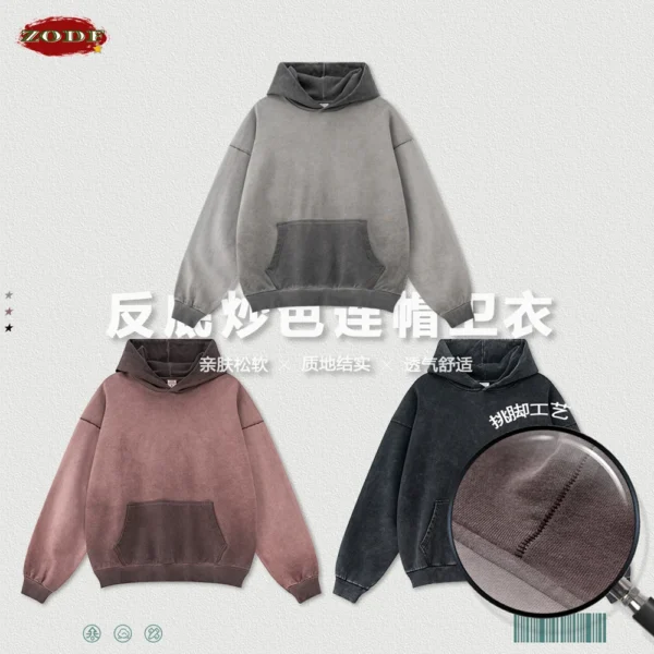 ZODF American Retro Washed Cotton Hoodie For Men Unisex Autumn High Street Oversized Knitted 380gsm Hooded Pullovers Coat HY0913 - Image 5