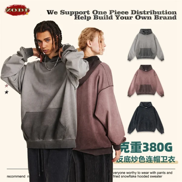 ZODF American Retro Washed Cotton Hoodie For Men Unisex Autumn High Street Oversized Knitted 380gsm Hooded Pullovers Coat HY0913 - Image 2