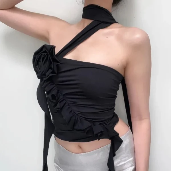 WhereMery Sexy Women Tank Top Y2K Summer Fashion Sleeveless Crop Tops Flower Lace up Ruffle Camisole Streetwear Cool Girls Camis - Image 4