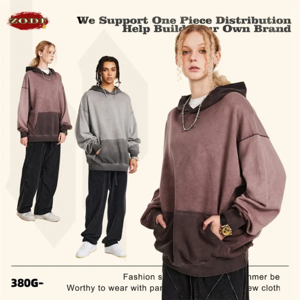 ZODF American Retro Washed Cotton Hoodie For Men Unisex Autumn High Street Oversized Knitted 380gsm Hooded Pullovers Coat HY0913 - Image 4