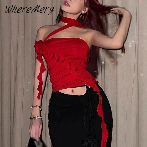 WhereMery Sexy Women Tank Top Y2K Summer Fashion Sleeveless Crop Tops Flower Lace up Ruffle Camisole Streetwear Cool Girls Camis