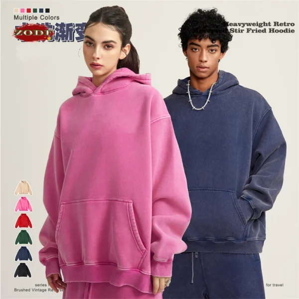 ZODF Winter Autum Men's Washed 400gsm Fleece Hoodies Unisex Couple Retro Oversized Ripped Hooded Sweatshirts Pullovers HY0652 - Image 2