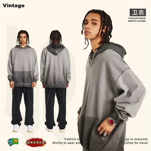 ZODF American Retro Washed Cotton Hoodie For Men Unisex Autumn High Street Oversized Knitted 380gsm Hooded Pullovers Coat HY0913 - Image 3