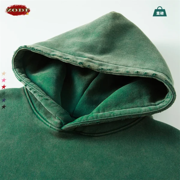 ZODF Winter Autum Men's Washed 400gsm Fleece Hoodies Unisex Couple Retro Oversized Ripped Hooded Sweatshirts Pullovers HY0652 - Image 6