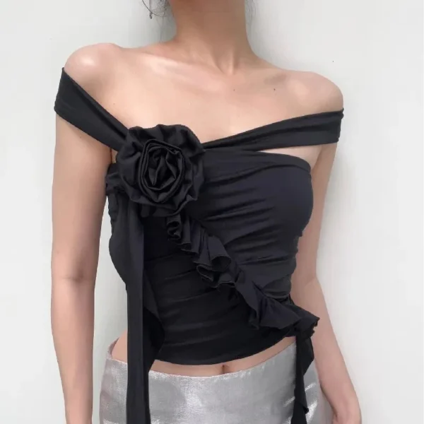 WhereMery Sexy Women Tank Top Y2K Summer Fashion Sleeveless Crop Tops Flower Lace up Ruffle Camisole Streetwear Cool Girls Camis - Image 3